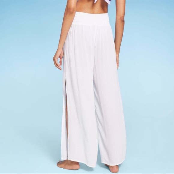 NWT Shade & Shore Smocked Waist Side Slit Cover Up Pants - White Size Medium - Picture 2 of 4